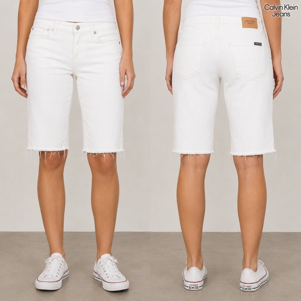 Calvin Klein Jeans Bermuda Shorts Womens 27 White Denim Raw Hem Stretch 5-Pocket